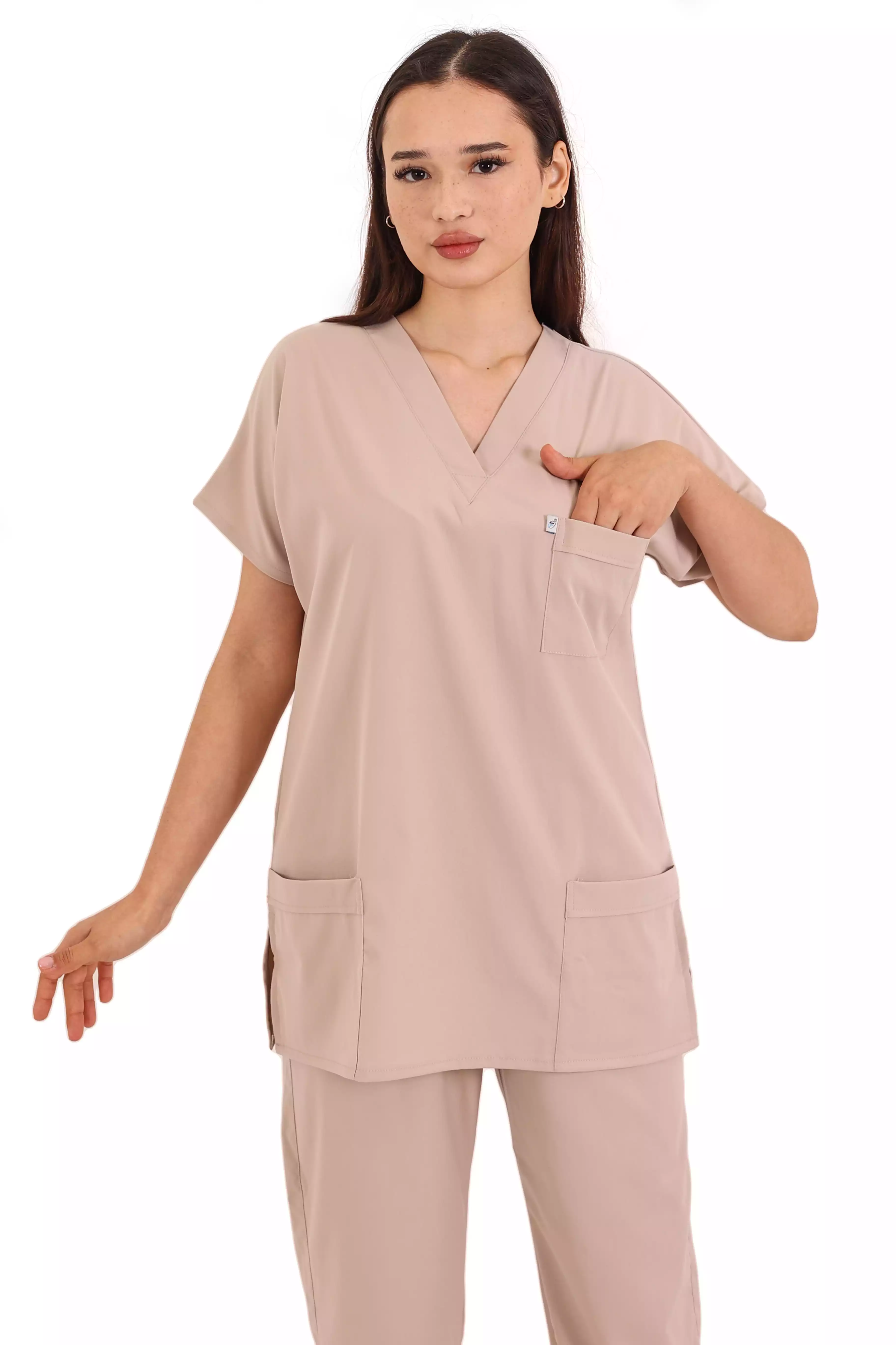 Krem Soft Likralı Scrubs Hemşire Üniforma Takım