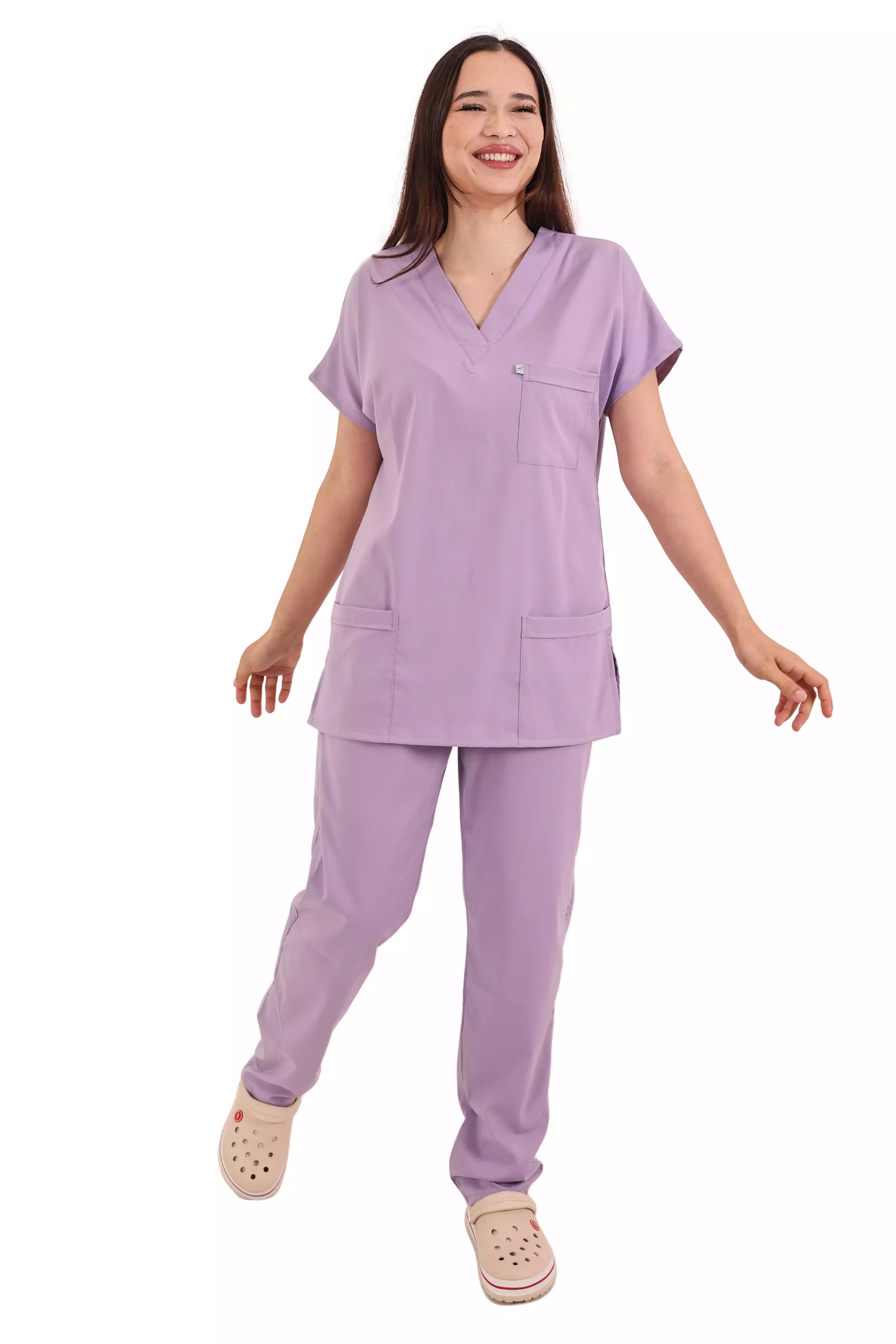 Lila  Soft Likralı Scrubs Hemşire Üniforma Takım