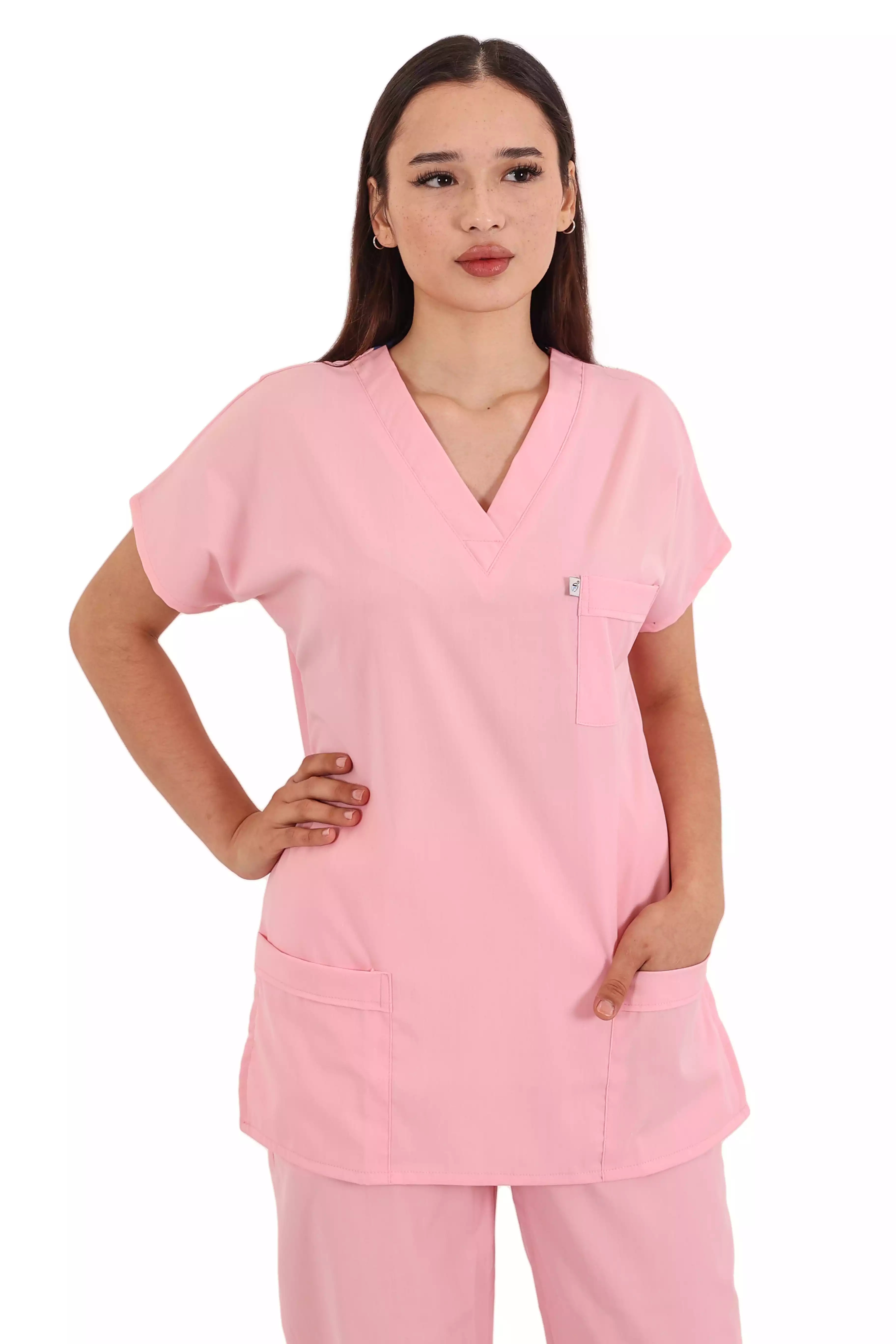 Pembe Soft Likralı Scrubs Hemşire Üniforma Takım