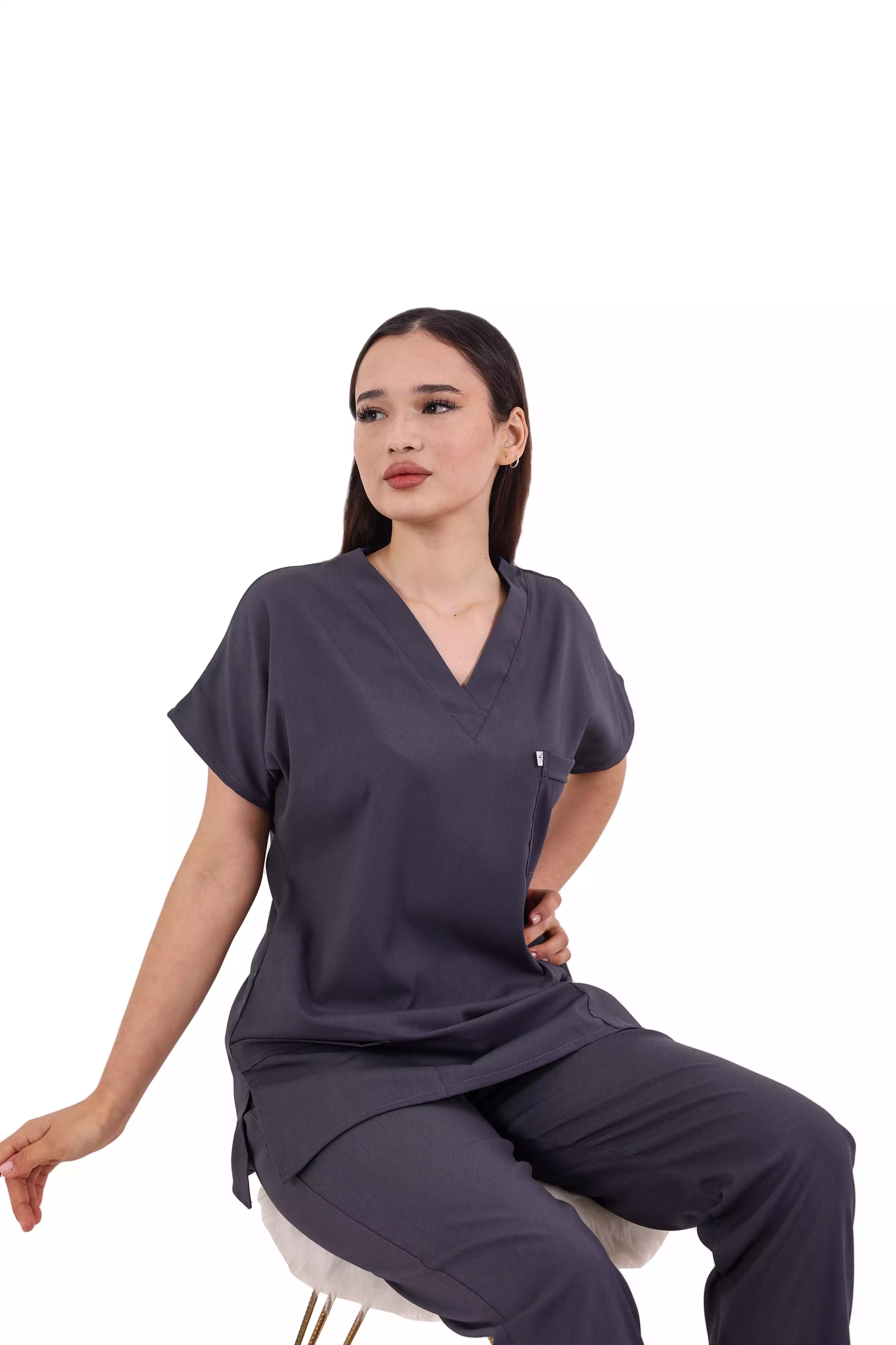 Koyu Gri Soft Likralı Scrubs Hemşire Üniforma Takım