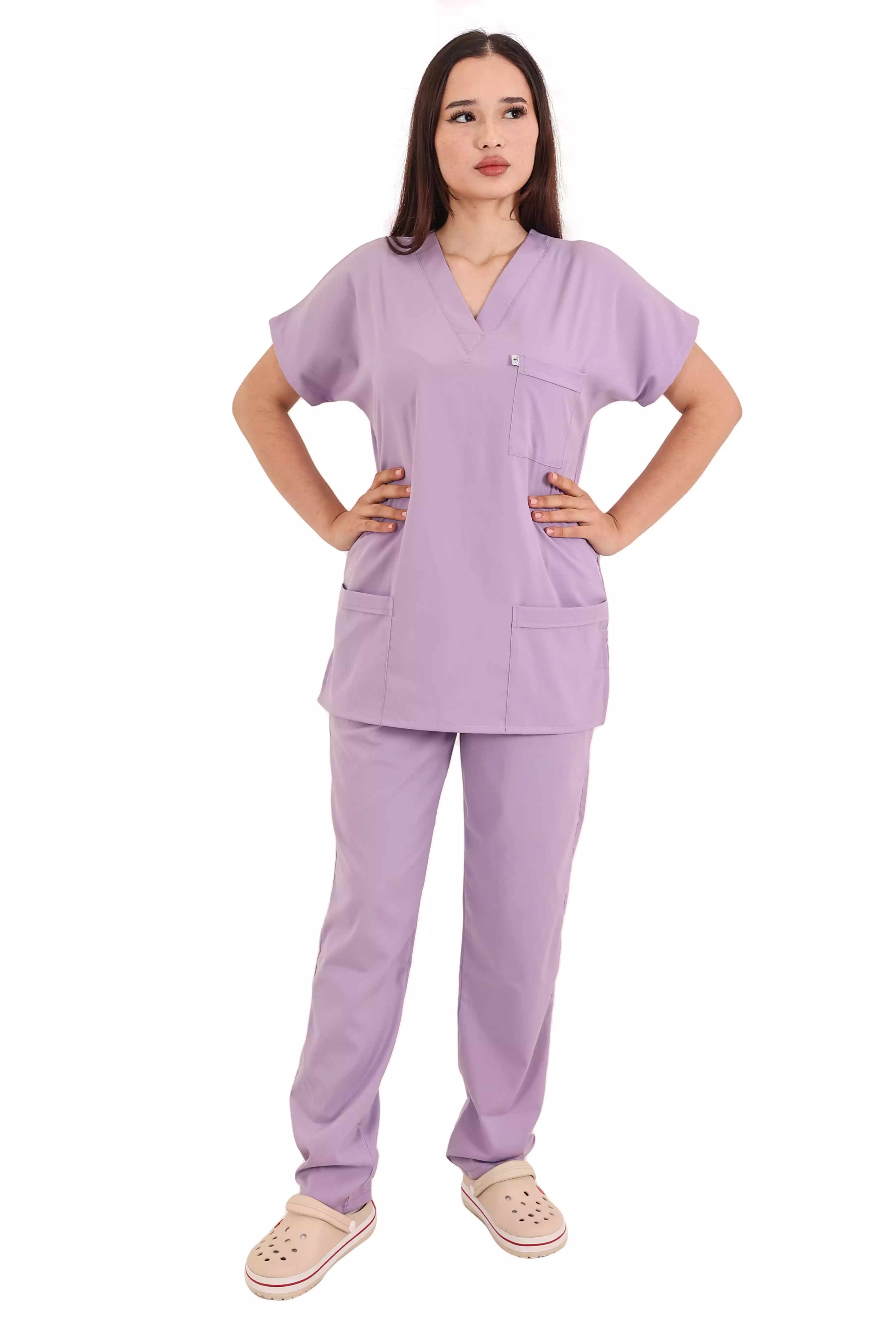 Lila  Soft Likralı Scrubs Hemşire Üniforma Takım