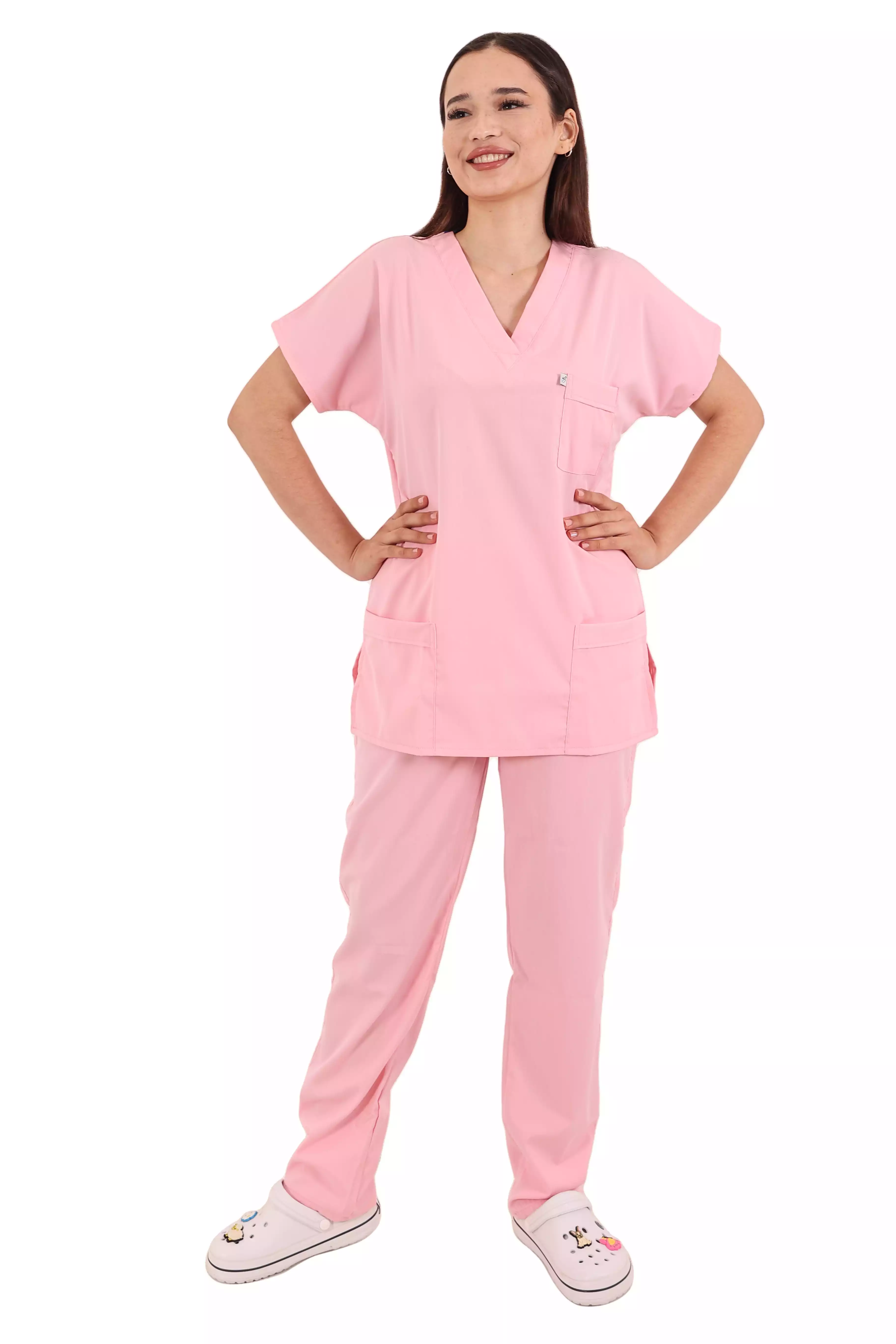 Pembe Soft Likralı Scrubs Hemşire Üniforma Takım